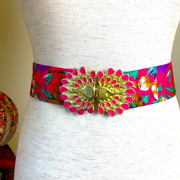Vintage Accessories - Vintage 80s Peacock Flower Elastic Waist Belt S